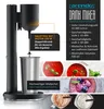 Collage of a black drink mixer, its components, and images of food and drinks. Náhľad obrázku produktu