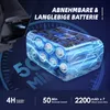 A close-up of a battery pack with electrical energy effects, alongside marketing text and icons. Produktbild-Vorschau