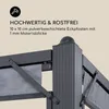 Close-up of a metal pavilion corner post with text describing its features. Produktbild-Vorschau