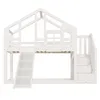 A white wooden bunk bed with a slide and stairs, designed in a house shape. Náhled obrázku produktu