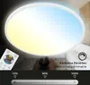 A circular LED panel light with a gradient of yellow to blue, shown with a remote control and a dimming slider. Produktbild-Vorschau