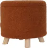 A round, upholstered ottoman with wooden legs against a white background. Produktbild-Vorschau