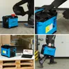 Collage of four images showing a blue and black inverter generator being used and transported. Produktbild-Vorschau