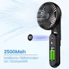A portable fan is shown with airflow depicted as waves. Text highlights battery capacity and digital display. Produktbild-Vorschau