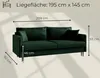 A dark green sofa with dimensions indicated by measurement lines and text. Podgląd zdjęcia produktu
