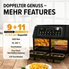 A black dual-chamber air fryer is shown open, displaying food inside, with promotional text and product specifications on the left. Produktbild-Vorschau