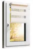 A white window frame with a beige and cream striped roller blind, showing a sunlit outdoor scene with trees and a car. Produktbild-Vorschau