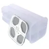 A clear, professional shot of a transparent plastic food storage container with a divided lid. Produktbild-Vorschau
