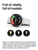A smartwatch with its display showing fitness data, accompanied by icons representing achievements. Produktbild-Vorschau