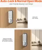 A split image showing a mechanical keypad door lock on a wooden door, with text callouts describing its features. Náhled obrázku produktu