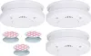 Four white smoke detectors and four adhesive mounting pads are arranged on a white background. Produktbild-Vorschau