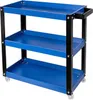 A blue three-tier rolling tool cart with a black frame and handle is shown against a white background. Podgląd zdjęcia produktu