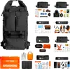 A collage of a large black backpack and various survival and emergency items. Produktbild-Vorschau