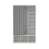 A white wardrobe with a grey curtain on the left side and shelves on the right side. Produktbild-Vorschau