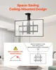 A TV mount is shown installed on a ceiling, with diagrams illustrating installation requirements. Podgląd zdjęcia produktu