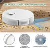 A white robot vacuum cleaner is shown cleaning a wooden floor littered with debris. Below the vacuum are three circular close-up images highlighting its features. Náhľad obrázku produktu