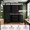 A marketing image for a black filing cabinet, showcasing its features and storage capacity. Náhled obrázku produktu