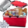 A red picnic basket filled with food and drinks, with ice cubes in the foreground. Náhled obrázku produktu