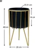 A black planter with a gold metal stand, with dimensions indicated by measurement lines and text. Podgląd zdjęcia produktu
