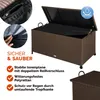 A brown wicker storage box with its lid open, showing its interior. Text and icons highlight product features. Produktbild-Vorschau