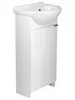 A white corner sink with a cabinet underneath, shown from a side angle. Produktbild-Vorschau