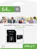 The image shows the retail packaging of a PNY 64GB microSDXC flash card, including the card and an adapter. Anteprima dell’immagine prodotto