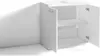 A white bathroom cabinet with its doors open, showing two shelves inside. The cabinet is placed against a white wall, casting a shadow. Produktbild-Vorschau