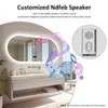 A modern bathroom vanity with a large illuminated mirror, featuring a close-up of a speaker and musical notes overlay. Podgląd zdjęcia produktu