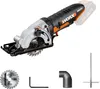 A cordless circular saw with its accessories displayed on a white background. Produktbild-Vorschau