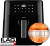 A black Medion air fryer is shown with a close-up inset of the heating element. Produktbild-Vorschau