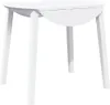 A white dining table with drop-leaf extensions.