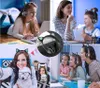 A collage of images showing people using cat-ear headphones in various settings, including studying, family time, and selfies. Náhled obrázku produktu