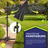 An outdoor patio umbrella with integrated lights and adjustable features, shown in a garden setting with informational overlays. Anteprima dell’immagine prodotto
