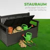 A dark brown storage bench with its lid open, filled with gardening tools and accessories, placed on a green lawn. Produktbild-Vorschau
