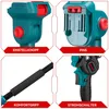 A collage of four close-up images showing different parts of a teal and red power tool, with labels indicating features. Produktbild-Vorschau