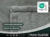 Close-up of a gray blanket with text overlays and a certification logo. Produktbild-Vorschau