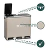 A taupe-colored multi-compartment trash can with labels and icons highlighting its features. Produktbild-Vorschau