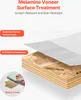 Diagram showing the layers of a melamine veneer surface treatment on particleboard, with a small inset demonstrating ease of cleaning. Náhľad obrázku produktu