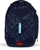 A dark blue backpack with a geometric pattern in shades of blue, purple, and pink. It has a reflective strip and a red reflector on the front. Voir les images du produit