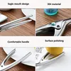 A collage of images showcasing a stainless steel shrimp deveiner tool, highlighting its features and material. Produktbild-Vorschau
