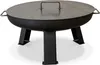 A black metal fire pit with a lid and four legs, shown on a white background. Produktbild-Vorschau