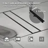 A black drain channel is shown installed in a tiled floor, with text and icons highlighting its features. Náhľad obrázku produktu