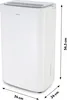 A white electric dehumidifier with dimensions indicated by measurement lines and text. Produktbild-Vorschau