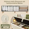 A product image showcasing a storage bench with its lid open, revealing organized storage compartments filled with folded blankets and pillows. A close-up inset highlights a handle and text describing features. Anteprima dell’immagine prodotto
