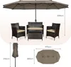 A patio furniture set with a large umbrella, chairs, a bench, and a table, with dimensions indicated. Náhľad obrázku produktu