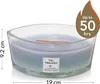 A clear, well-lit studio shot of a large, oval-shaped glass candle with light purple wax and a wooden wick. Dimensions and burn time are indicated with overlays. Náhled obrázku produktu