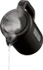 A black electric kettle is pouring hot water and steam is rising from the spout. Produktbild-Vorschau