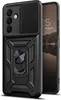 A black phone case with a sliding camera cover and a ring holder is shown next to a smartphone. Produktbild-Vorschau