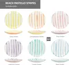 A collage of different colored striped plates, with text labels for each color and a title. Voir les images du produit