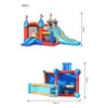 Two views of an inflatable castle playground with slides and climbing walls, including dimensions. Náhled obrázku produktu